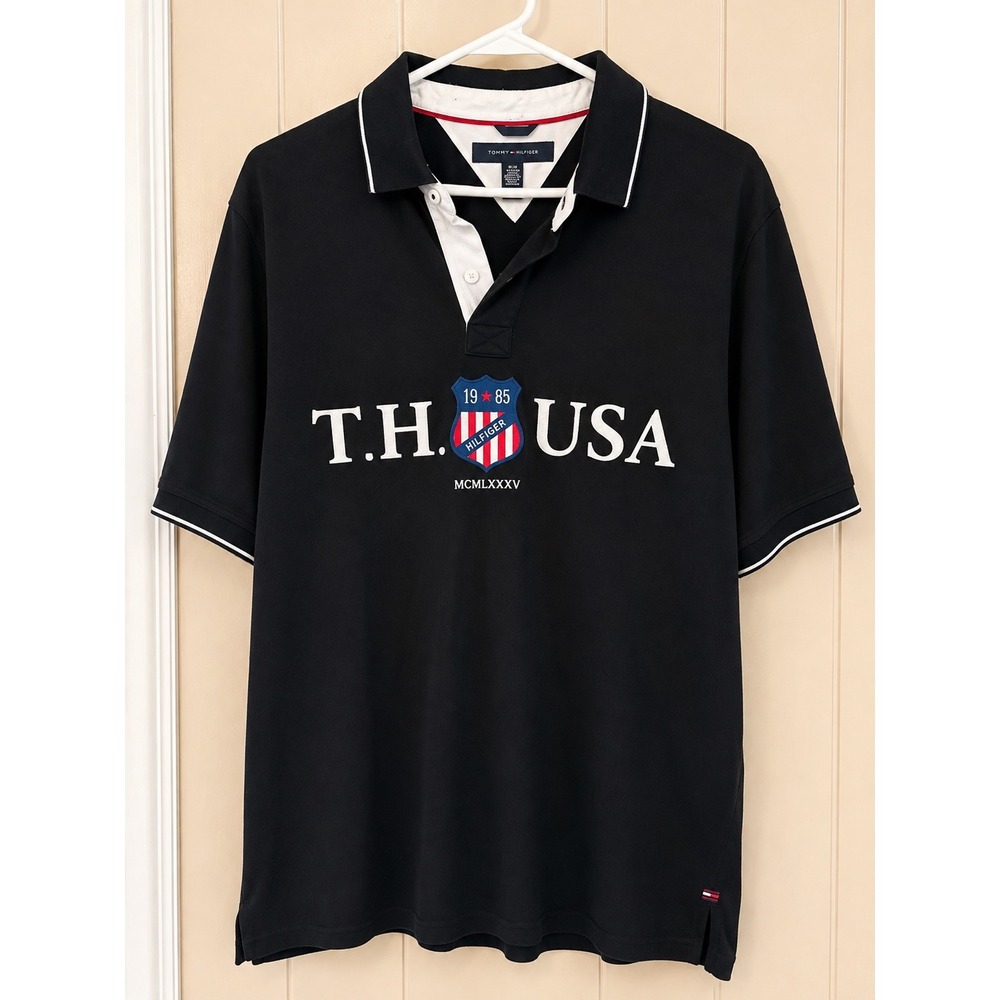 Tommy Hilfiger Mens XXL Black TH USA Crest Logo Short Sleeve Polo Shirt